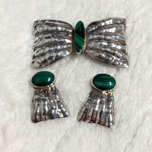 Vintage 70's Sterling Silver & Malachite Brooche w/ Earrings (plz read descrp) - Picture 6 of 13